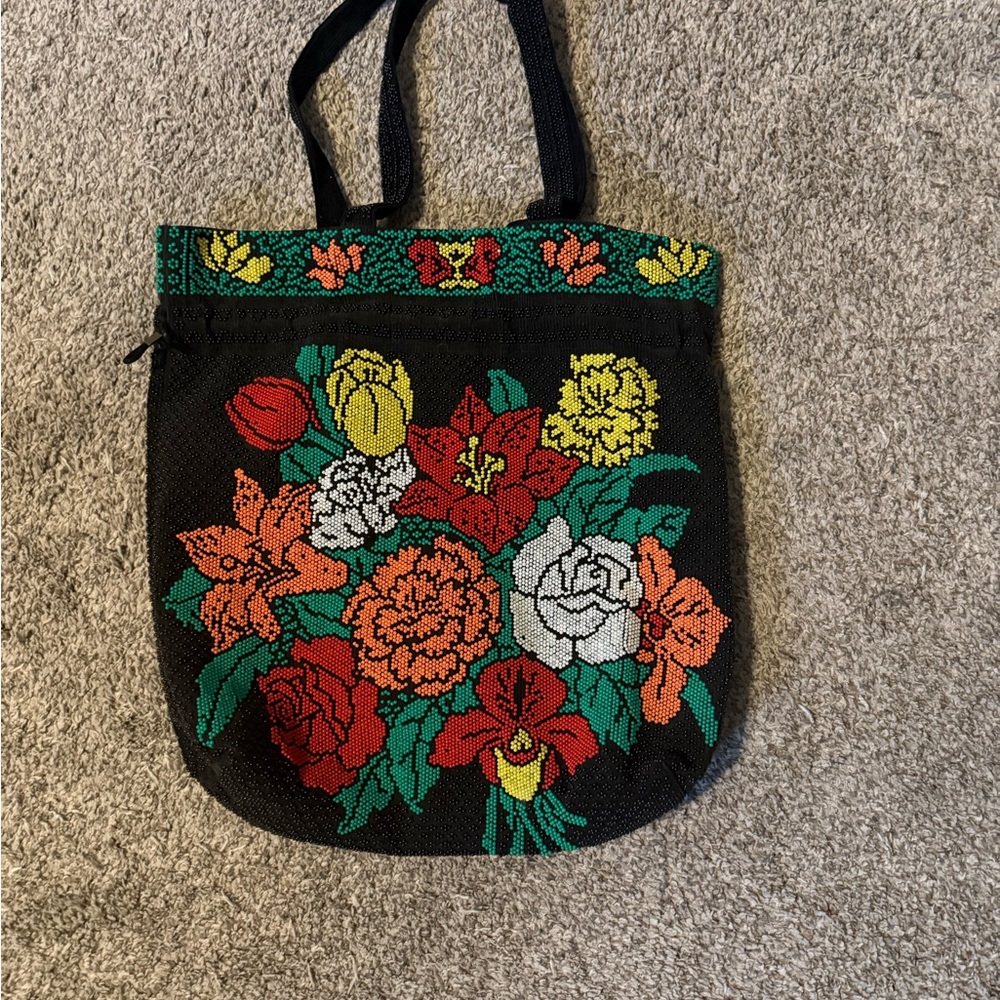 Floral Embroidered Tote Bag - Black and Multicolor